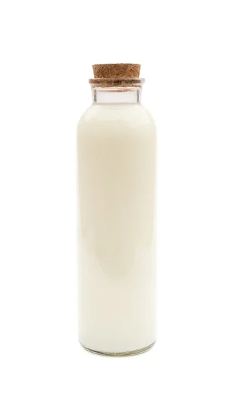 Bottle of milk with wood plug on white with clipping path — Stock Photo, Image