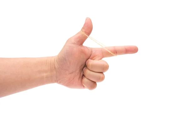 Přetažení kus gumičkou s prsty na bílém pozadí s ořezovou cestou — Stock fotografie