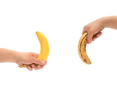 hands holding a fresh banana up and a over-ripe one down like mens penis as potency concept with clipping path clipart