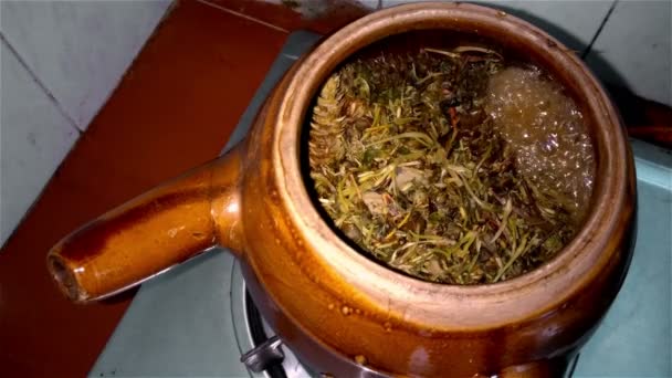 Decocting ervas medicinais com pote de esmalte com som close-up 4K — Vídeo de Stock
