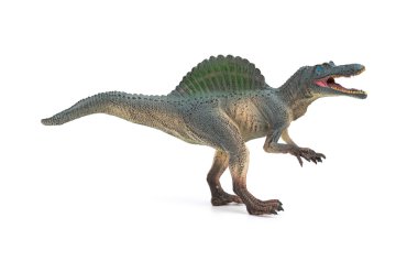 yan görünümü gri spinosaurus oyuncak beyaz bir arka plan üzerinde