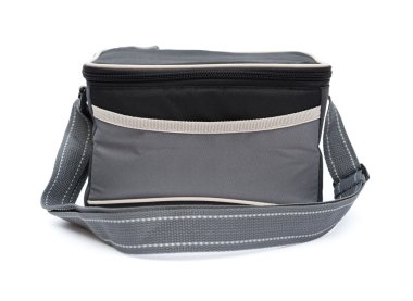 Beyaz bir arka planda gri ve siyah öğle yemeği paketi taşıyıcı