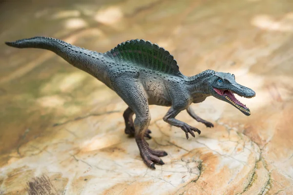 Grijze spinosaurus speelgoed staande op rots — Stockfoto