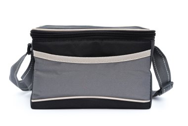 Beyaz bir arka planda gri ve siyah öğle yemeği paketi taşıyıcı