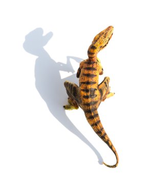 top view yellow velociraptor toy on a white background with shadow clipart