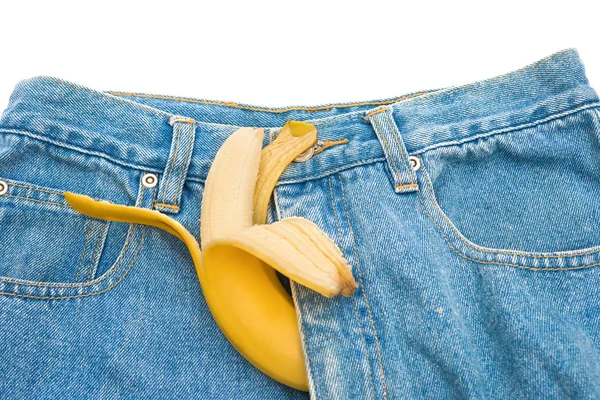 Banana grande sobresale de jeans para hombre como pene para hombre como concepto de potencia — Foto de Stock