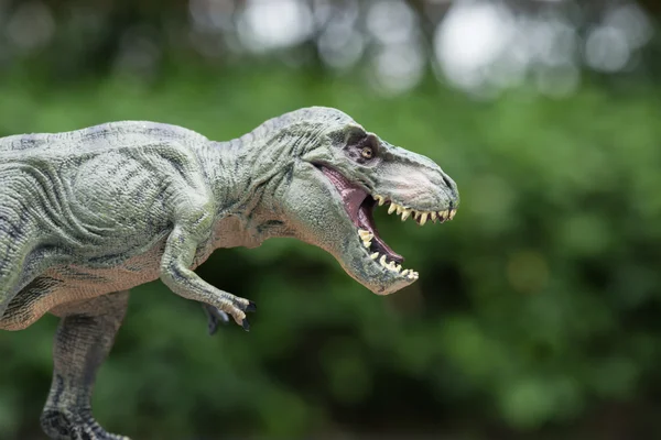 Tyrannosaurus toy in front of trees — Stock Photo, Image