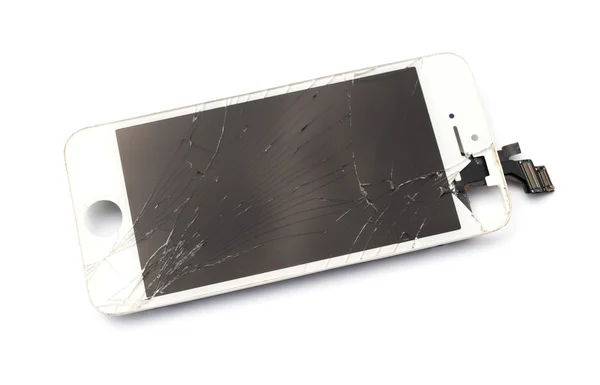 Tela quebrada de um telefone inteligente em um fundo branco — Fotografia de Stock