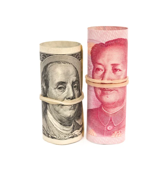 USD & RMB binded with elastic on white background — Stock Photo, Image
