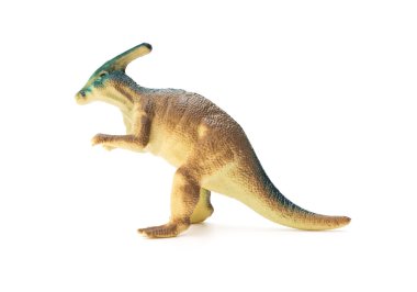 yan görünümü kahverengi Parasaurolophus oyuncak beyaz bir arka plan üzerinde