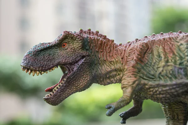 Close up tyrannosaurus toys head with building at background — Stock Photo, Image