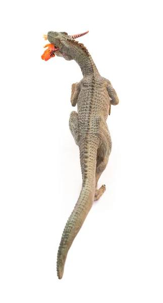Серый аллозавр, ловящий меньшего дизонаура на белом фоне — стоковое фото