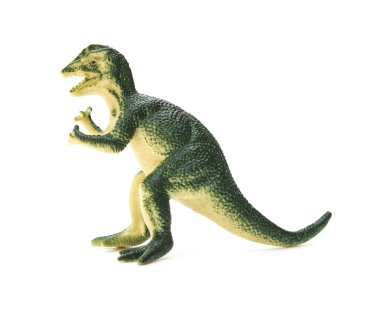 yan görünümü yeşil Dilophosaurus oyuncak beyaz bir arka plan üzerinde