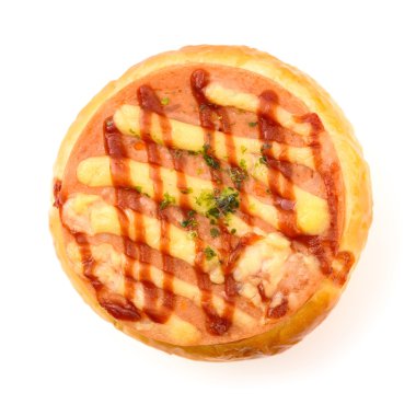 Üstten Görünüm ekmek üstüne beyaz bir arka plan üzerinde Barbekü domuz eti ile