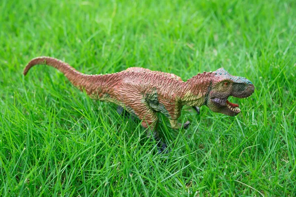 Brown tyrannosaurus toy stands on grass — Stock Photo, Image