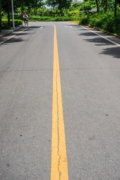 Schwarzdecke mit doppeltem gelben Linienteiler bei Sonnenschein, eine nicht wiedererkennbare Dame auf einem Fahrrad kommt — Stockfoto