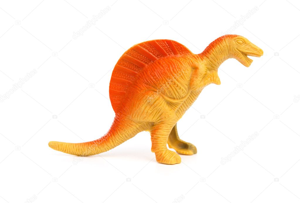 side view orange spinosaurus toy on a white background