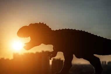 Silhouette tyrannosaurus ve günbatımı zamanı binalarda