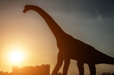 Silhouette brachiosaurus ve günbatımı zamanı binalarda