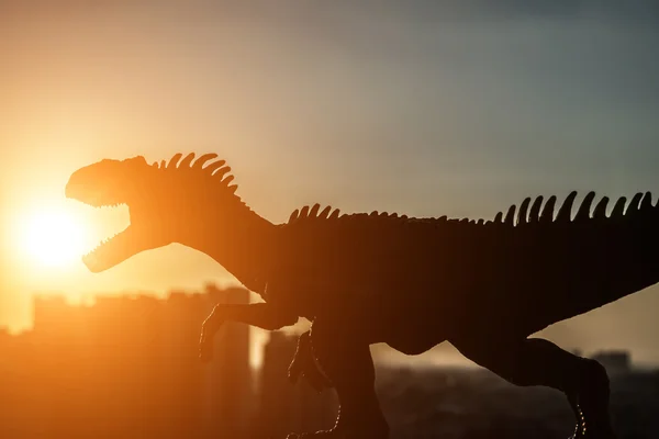 Silhouette of allosaurus and buildings in sunset time — Stock Photo, Image