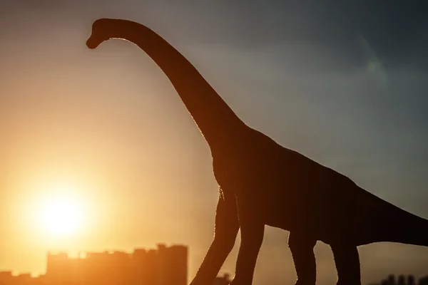 Silhouette of brachiosaurus and buildings in sunset time — Stock Photo, Image