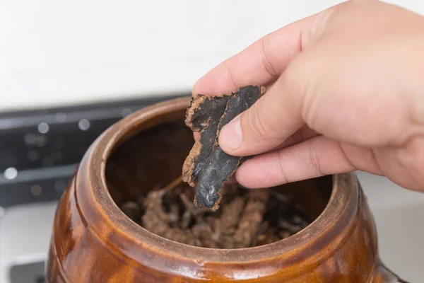 Putting herbal to an enamel pot to decoct herbal medicine — Stock Photo, Image