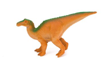 yan görünümü kahverengi plastik Edmontosaurus oyuncak beyaz bir arka plan üzerinde