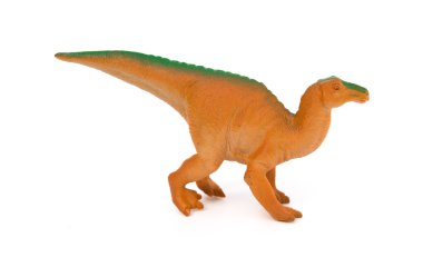 yan görünümü kahverengi plastik Edmontosaurus oyuncak beyaz bir arka plan üzerinde