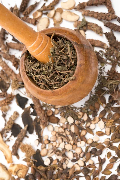 Wooden mortar and pestle with herbs vertical — Stock Photo, Image