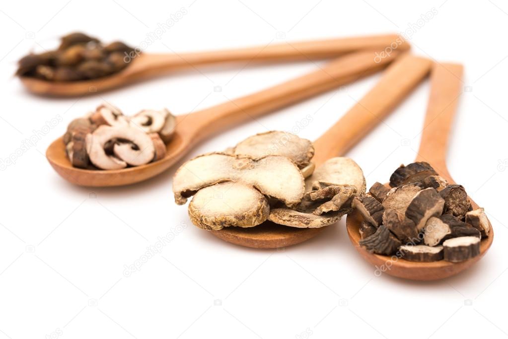 chinese herbs on wooden spoons at a white background