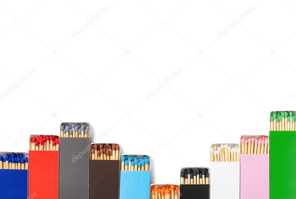 multi color matchboxes lined up like up and down grahpic on white with clipping path