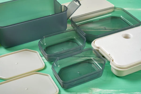 Angle View Plastic Takeout Lunch Box Individual Containers Lids Opened — Stock Photo, Image
