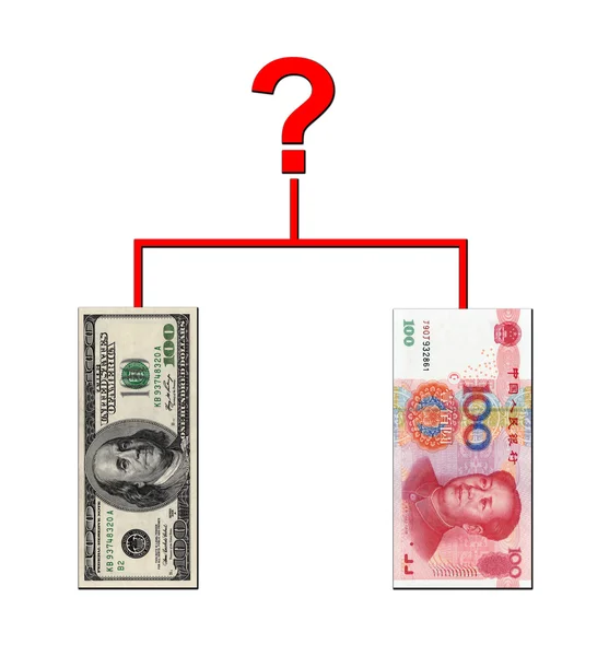 Usd und rmb kämpfen auf weißem Hintergrund — Stockfoto