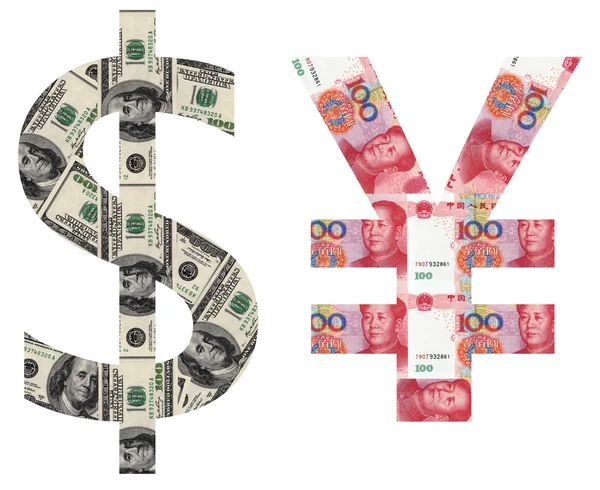 Usd and rmb sylmbols shaped by paper currency — Stock Photo, Image