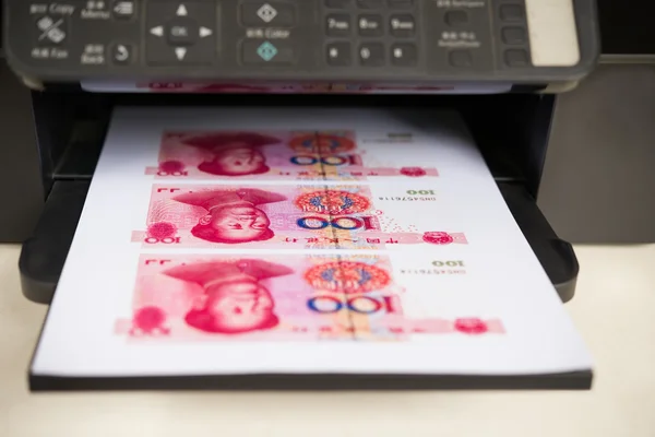 Printer with RMB paper currency coming out — Stock Photo, Image