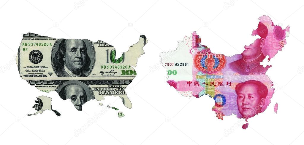 Maps of USA and China shaped by paper currency