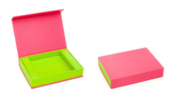 Caixa rosa aberta e fechada em branco — Fotografia de Stock