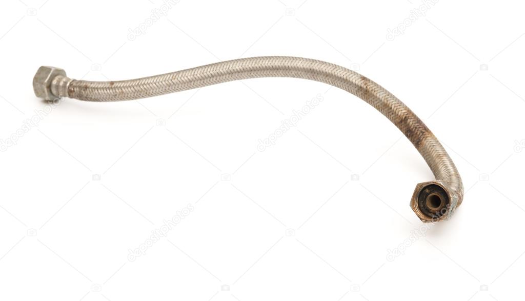 Rusty woven metal tube on white background