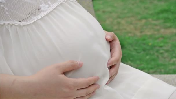 Fiatal terhes nő petting hasa érzés a baba, a néző és a szoros — Stock videók
