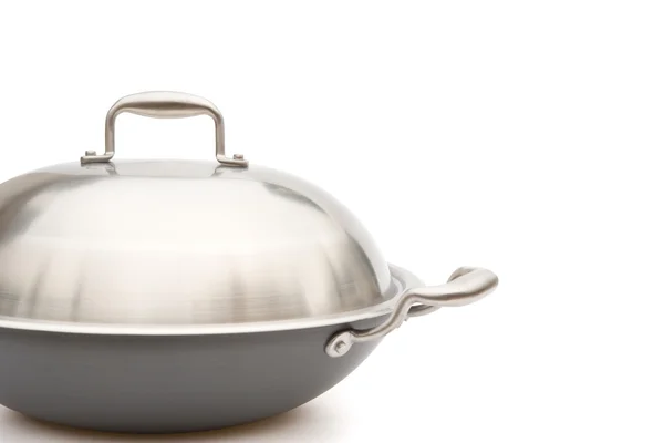 Side view wok with lid on white with clipping path — Stock Photo, Image