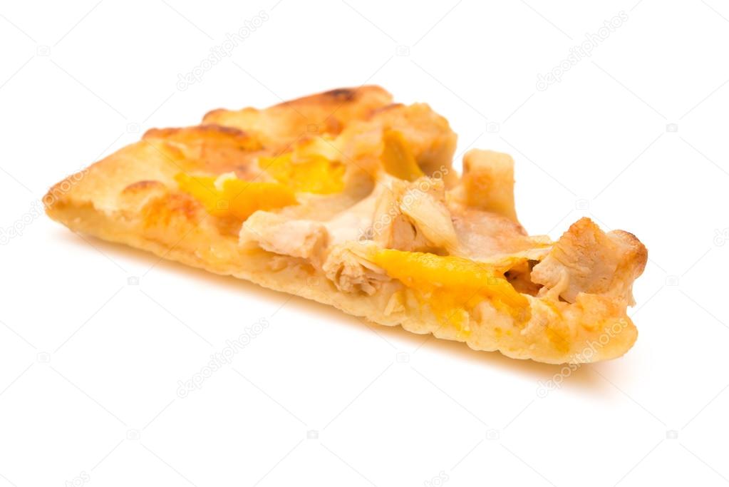 Pizza slice with chicken and mango on a white background