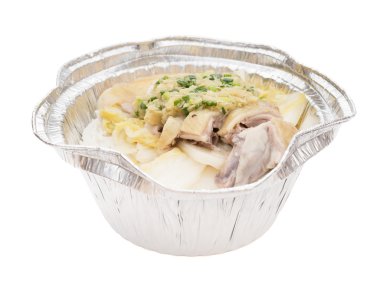 Beyaz kırpma yolu ile öğle yemeği kutu tavuk haşlanmış şekli dilimler