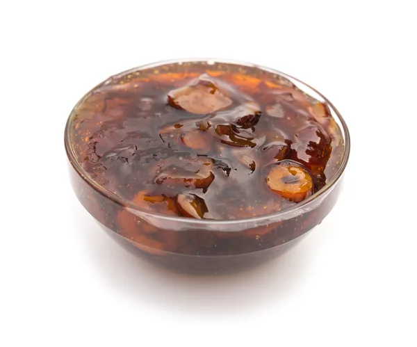 Tazón de cristal de sopa tradicional china de jujube medicinal sobre fondo blanco — Foto de Stock