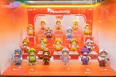 QingYuan GuangDong China-October 5 2025: a vibrant display of Space Molly x emoji figurines showcases colorful, space-themed characters.