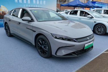 ZHONGSHAN GUANGDONG Çin - 24 Ekim 2025: gri bir BYD Han DM-i araba.