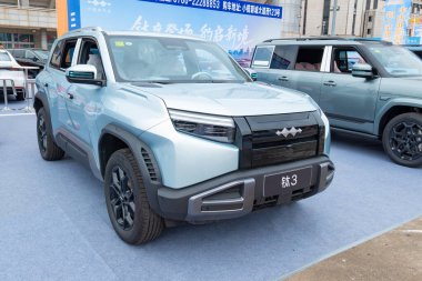 ZHONGSHAN GUANGDONG Çin - 24 Ekim 2025: açık mavi bir BYD Formula Leopar Tai 3 arabası.