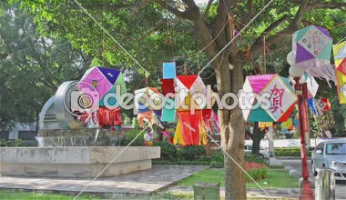 Zhongshan Guangdong Çin-Eylül 27, 2015: farklı fenerler bir Park Çin Mid Sonbahar Festivali Eylül Zhongshan,Guangdong,China.Sep 27 27,2015 sabah asılı olduğunu Mid sonbahar Festiv