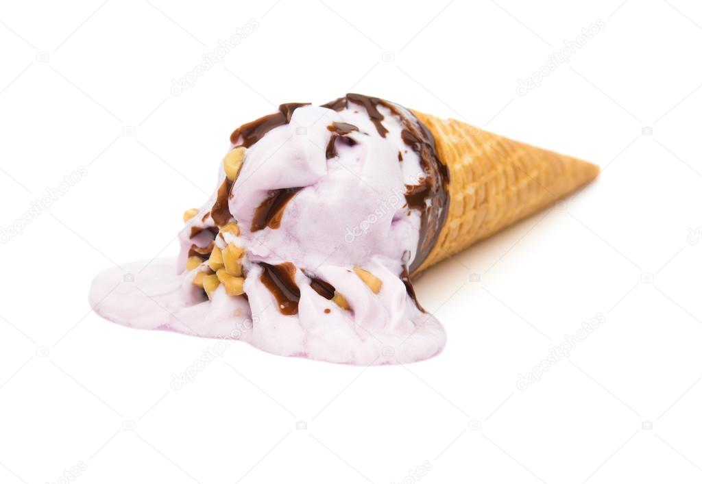 pink ice cream cone melting on a white background