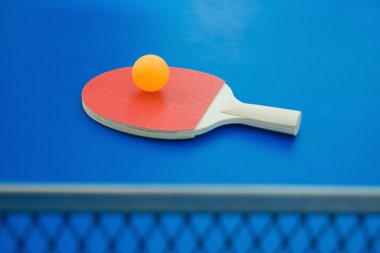 pingpong raket ve top ve bir mavi pingpong tablo net