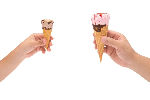 Boy holding a small ice cream cone and man holding a big one with clipping path — Stock Photo, Image